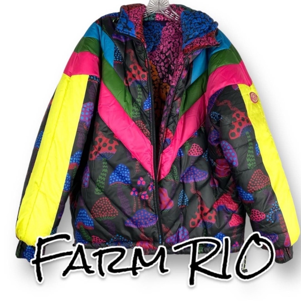 FARM Rio Neon Mushrooms Reversable Puffer Jacket Women Size Medium